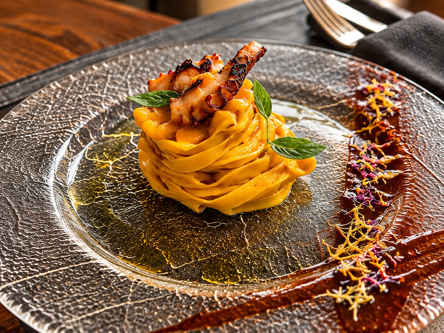 Piatto di pasta di Agape, con gambero e basilico